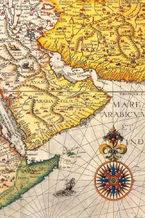 Mare Arabicum et Indicum, pormenor de um mapa incluído no *Itinerario, voyage ofte schipvaert, naer Oost ofte Portugaels Indien inhoudende een corte beschryvinghe der selver landen ende zee-custen met daarin ook de Beschryvinghe van de gantsche custe van Guinea en het Reys-gheschrift vande navigatien der Portugaloysers in Orienten* de Jan Huygen van Linschoten, Cornelis Claesz, Amsterdam, 1596