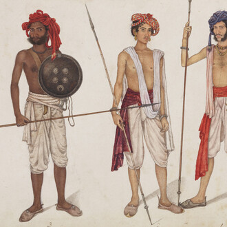 Master of the Fraser-Album, Three musketeers of Kurnal: Sergeant Kesu, Umi Chand, and Dharam Chand (Kala), Folio from a series of portraits of soldiers, dated 1816. Mit freundlicher genehmigung des Museum Rietberg