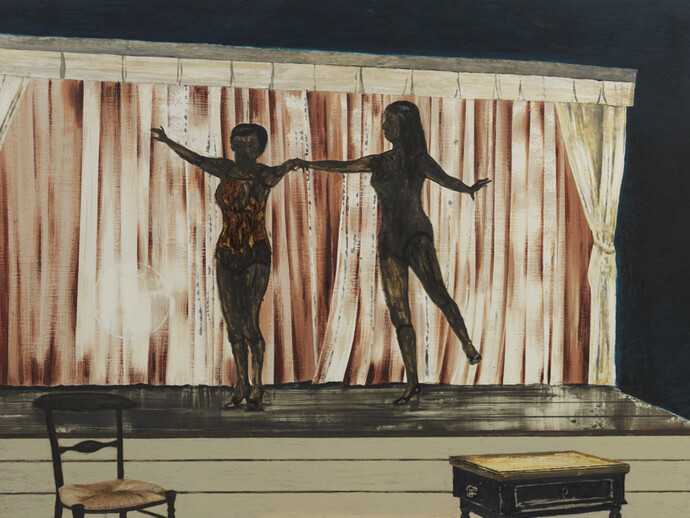 Mamma Andersson, Behind the Curtain, 2014, Oil on panel, 48 x 65 5/8 inches (121.9 x 166.7 cm)