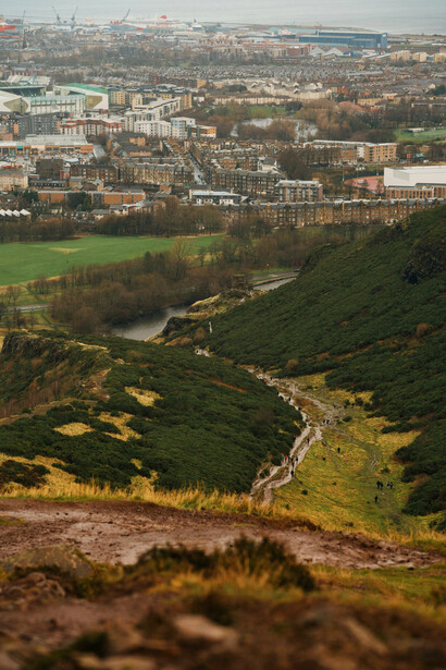 Arthur's Seat is an ancient, extinct volcano in Edinburgh, Scotland, forming the main peak of Holyrood Park, known for its panoramic city views and King Arthur legend connections