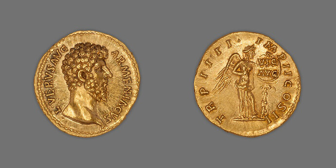 Roman, minted in Rome, Aureus (Coin) Portraying Emperor Lucius Verus, December A.D. 163/December A.D. 164, issued by Marcus Aurelius and Lucius Verus