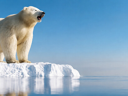 A polar bear stranded on shrinking sea ice, symbolizing the effects of climate change in the Arctic