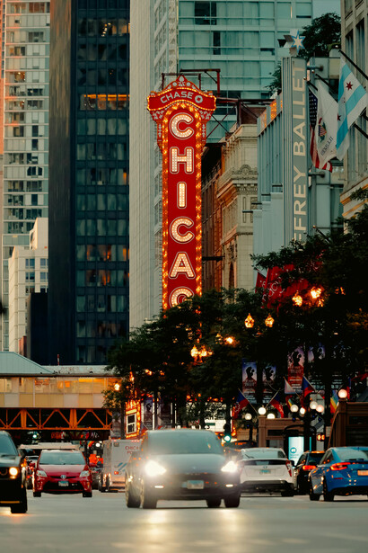 The iconic Chicago Theatre illuminated in the evening in downtown Chicago, Illinois, United States