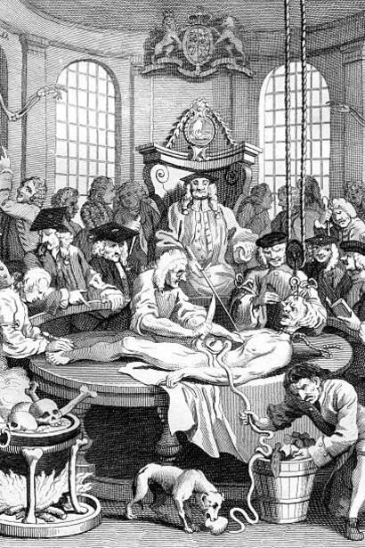 An 18th-century political cartoon by William Hogarth depicting a gruesome autopsy would likely reflect his signature satirical style, using dark humor to critique societal issues