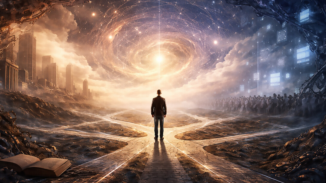 A solitary figure stands at the crossroads of modernity, choosing autonomy amid systems that demand obedience