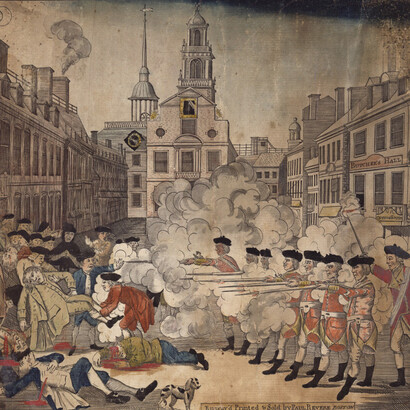 Henny Pelham, artist, Paul Rebere, engraver, Bloddy massacre perpetrated in King street Boston on march 5th by a party of the 29th  Regt, 1770. Courtesy of Collection of Mr. and Mrs. Leonard L. Millberg and the New-York Historical Society Gallery 