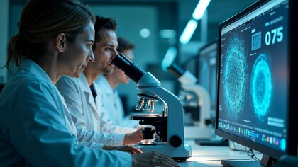 Scientists analyzing microscopic specimens alongside digital biological models, representing the future of precision medicine