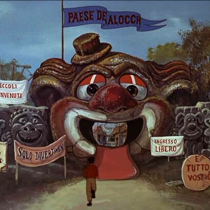 Ingresso al Paese dei Balocchi, screenshot da "Un burattino di nome Pinocchio", 1971