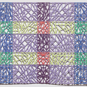 Johnathan Payne, Lavender Legacy, 2023, acrylic and thread on shredded-and-collaged paper, 39x66 inches, signed and dated verso. Courtesy of the artist and Foxy Production