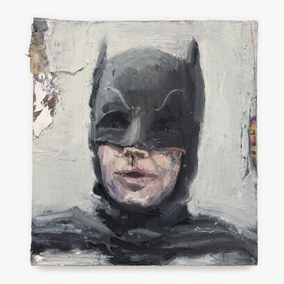 Seth Becker, "Caped Crusader," 2023. Oil and collage on panel; Work: 9 x 9 3/4 in (22.9 x 24.8 cm) Framed: 9 3/4 x 10 1/2 in (24.8 x 26.7 cm). Courtesy of the artist and Venus Over Manhattan Gallery