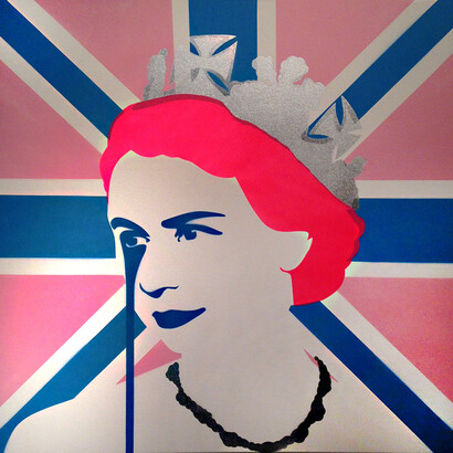 Pure Evil, “Prince Philip’s Nightmare” (Pink), Spray paint on Canvas, 40″ x 40″ (100 x 100cm)