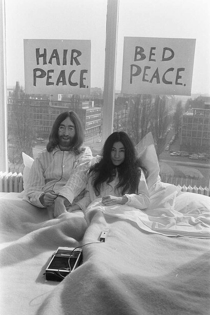John Lennon and his wife Yoko Ono on honeymoon in Amsterdam, the Netherlands