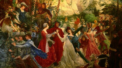 Marie Alexandre Valentin Sellier, La farandole de Pétrarque (La farandola di Petrarca), olio su tela, 1900. Sullo sfondo si può notare il Castello di Noves, nella località di Valchiusa, il luogo ameno in cui Petrarca trascorse gran parte della sua vita fino al 1351, anno in cui lasciò la Provenza per l'Italia