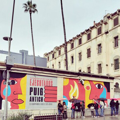 Foto: Paco Cerezo. Mural de homenaje. Aquí fue ejecutado el preso político Salvador Puig Antich (30.05.1948 - 02.03.1974) para después de 50 años ser rehabilitado po el gobierno actual en 2024, Barcelona, España