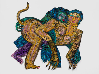 Maria A. Guzmán Capron, Gata Salvaje, 2023, fabric, thread, batting, stuffing, spray paint and acrylic paint, 55x57x3 inches. Courtesy of the artist and Shulamit Nazarian, Los Angeles