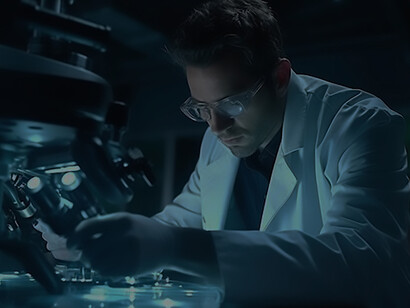 A scientist concentrates intently while analyzing specimens through a microscope in the laboratory