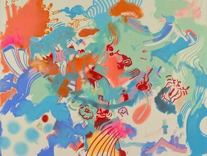 Sue Williams, Hill and Dale, Black-Ops, 2013, Oil and acrylic on canvas, 54 x 64 inches (137.2 x 162.6 cm), Signed on verso. Courtesy 303 Gallery, New York