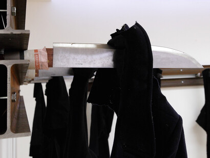 Jannis Kounellis, Untitled, 2014, iron beams, knives and torn coats, variable dimensions, installation view at Sprovieri, London, courtesy of the artists and Sprovieri, London, photo by Bastien Choury
