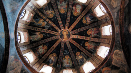 The southern dome of the inner narthex of the Chora Church in Istanbul, Turkey, features stunning Byzantine mosaics depicting Christ, Istanbul, Turkey