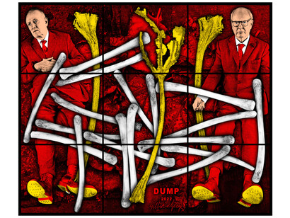 Gilbert & George, Dump, 2022, mixed media, 74.8x88.98 inches, © Gilbert & George. Courtesy the artists and Lehmann Maupin, New York, Hong Kong, Seoul, and London