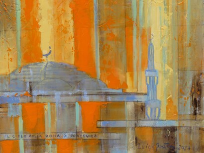 Luigi Salvatori, Il cielo sulla Roma di Portoghesi, acrilico su tela, cm 50x60, 2024