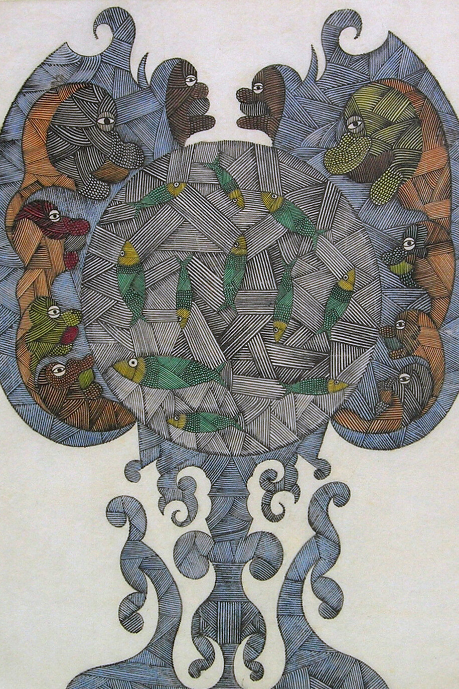 Greedies & Fishes, ink & coloured crayon, 19x14 1/2 in 48x37cm