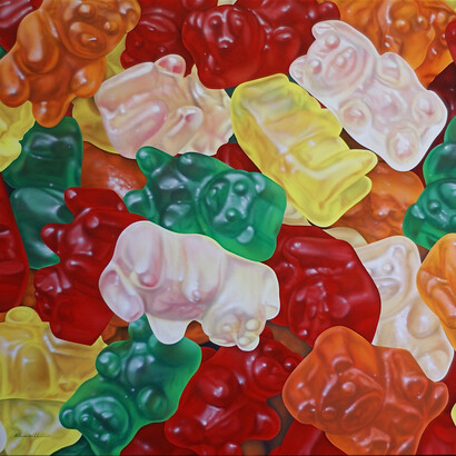 Peter and Madeline Powell, Pile of Gummi Bears, Acrylic on Canvas, 30 x 32, 2014
