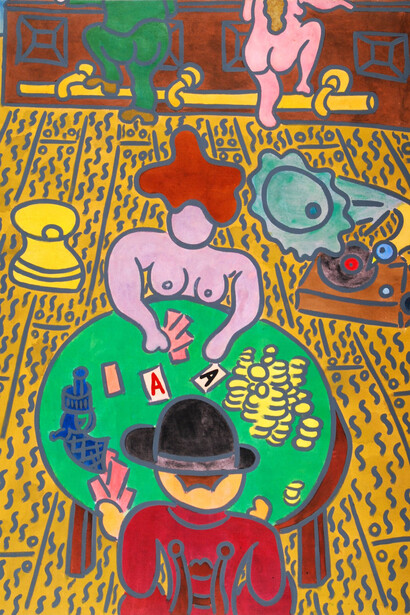 William N. Copley, Untitled (The Card Players), 1981, acrylic on linen, 63 1/4 x 52 inches, 160.7 x 132.1 cm