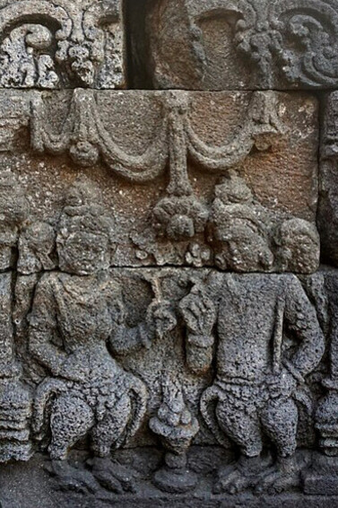 Two Kinnaras, relief on the Level 2 balustrade at Borobudur, Java, Indonesia