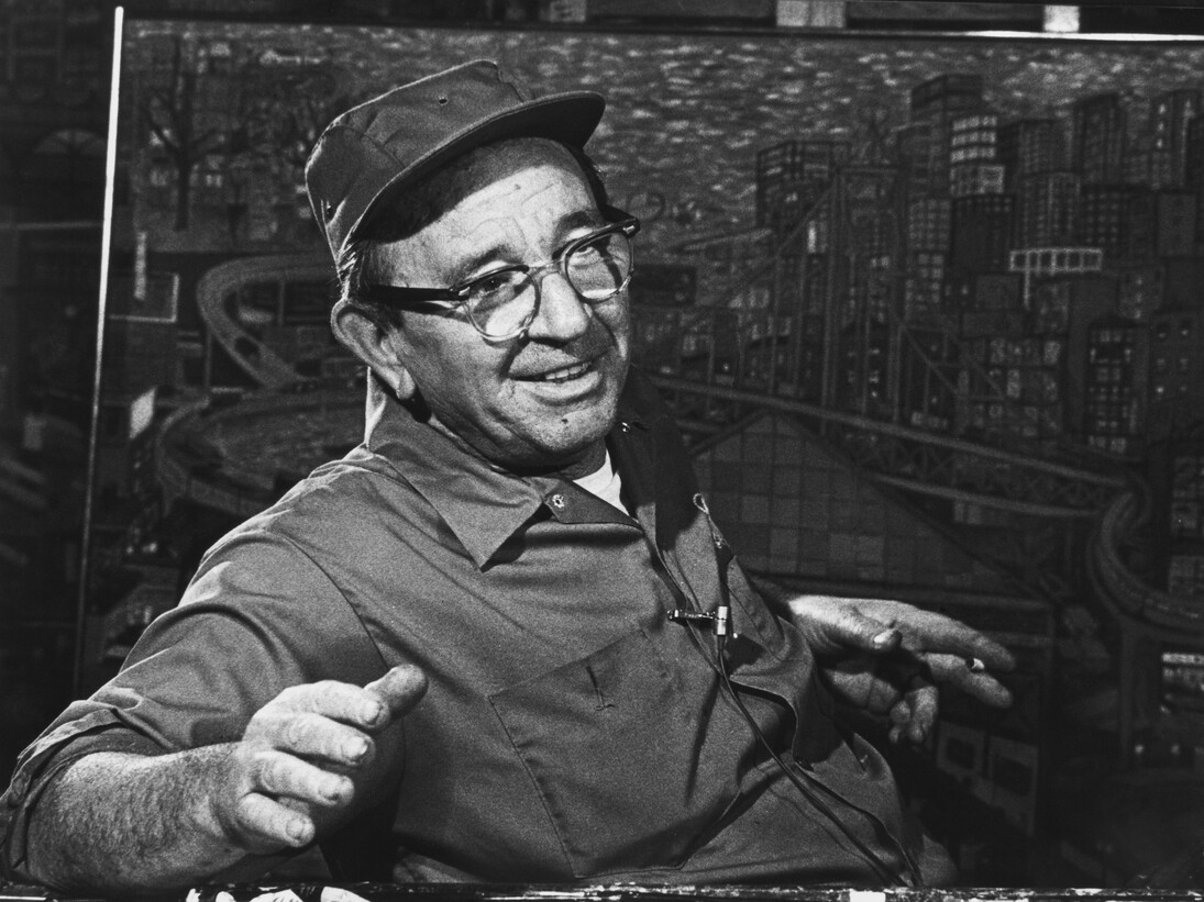 Charmain Reading, Photo of artist Ralph Fasanella (1914-1997), about 1970, black and white print, American Folk Art Museum, New York, Gift of the Estate of Ralph Fasanella. © 1970, Estate of Ralph Fasanella