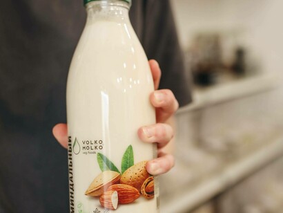 A display of almond milk which is a natural source of vitamin E