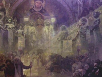 Der heilige Berg Athos, das Ziel der ostslawischen Pilger, 1926. Eitempera auf Leinwand, 405 x 480 cm. Mucha-Stiftung, Prag.  

