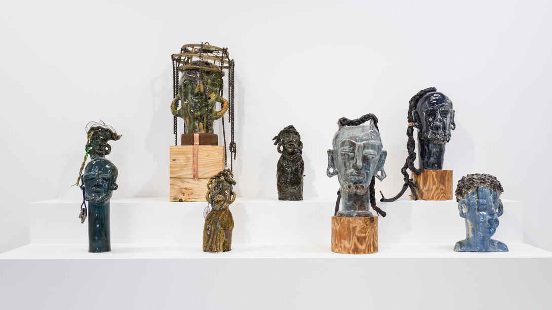 Installation view: Leilah Babirye: Ebika Bya ba Kuchu mu Buganda (Kuchu Clans of Buganda) II, Stephen Friedman Gallery, London (2021). Courtesy of the artist, Stephen Friedman Gallery, London and New York, and Gordon Robichaux, New York. Photo by Mark Blower. Courtesy of Yorkshire Sculpture Park