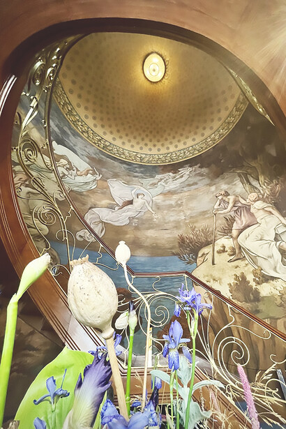 The staircase and mural from the ground floor, The Maison Hannon, Brussel