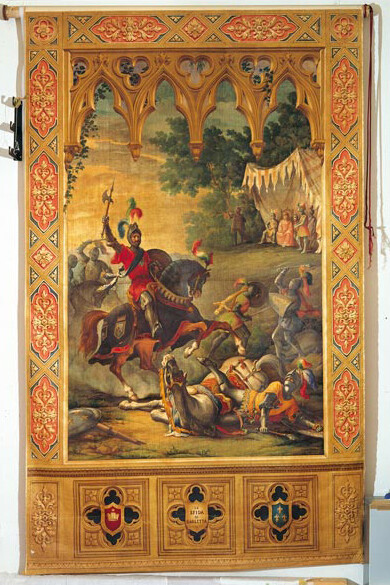 N.Sanesi, tende 'trasparenti' per finestre: a) La sfida di Barletta, b) Ferruccio a Gavinana, 1862, Firenze, Galleria d'Arte Moderna di Palazzo Pitti