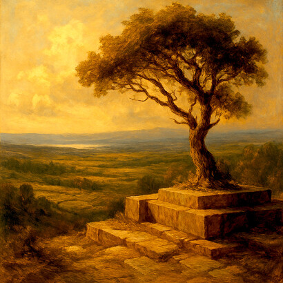 A solitary tree growing from ancient stone steps, overlooking a vast and golden landscape beneath a calm, glowing sky