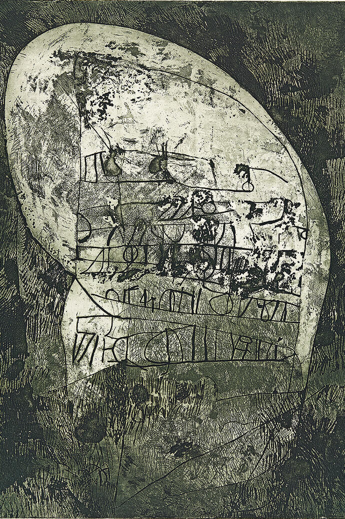 Martin Puryear, Rune Stone, 1966, Soft ground etching, aquatint, and open bite, with scraping and burnishing, in green-black on ivory wove paper. Courtesy of the artist. © Martin Puryear. Photography © The Art Institute of Chicago
