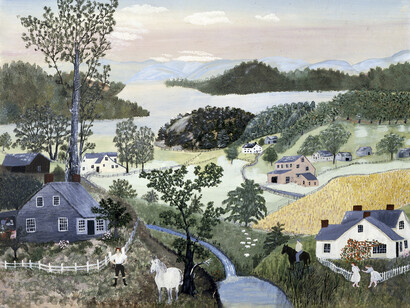 Anna Mary Robertson “Grandma” Moses, A Beautiful World, 1948, Private collection; courtesy Galerie St. Etienne, New York © 2022, Grandma Moses Properties Co., NY