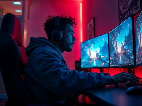 A boy playing computer games across three screens