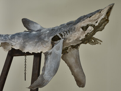 Buoy [Detail], 2014. Blue shark skin, white gold leaf, antique easel, Italian alabaster 180 x 130 x 80 cm. Courtesy the artist and Frith Street Gallery, London. Photography by Steve White