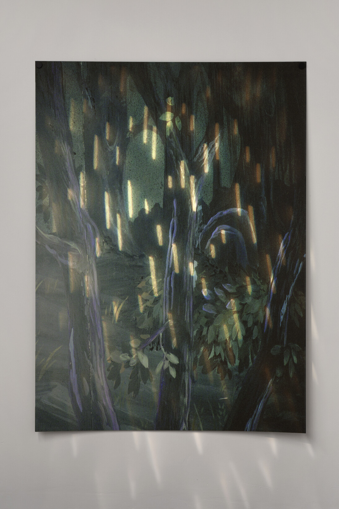 Bridget Smith, Painted Forest (raining), 2015, inkjet print on somerset paper, theatre ‘rain’ light, Courtesy Focal Point Gallery, Photo: Manuela Barczewski
