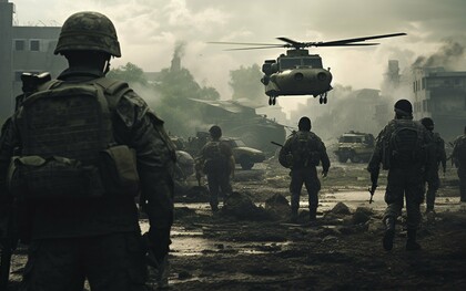 Soldiers walking through mud and ruins as a helicopter hovers above, representing the human toll within technologically driven conflict