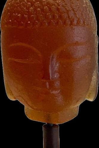Marlene Rose, Mini Buddha amber, 2021, sand cast glass & steel, 10x4x3 inches
