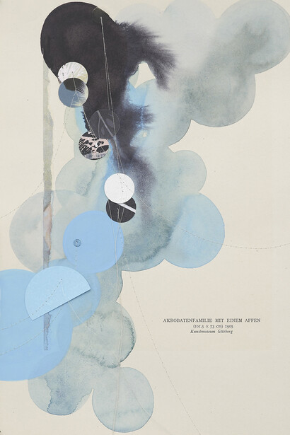 Dirk Stewen, Akrobatenfamilie mit einem affen, 2014, ink, watercolour, gouache, thread and gesso on paper with inkjet print and laser copy , 62 x 27.5 cm, © the artist, courtesy Maureen Paley, London