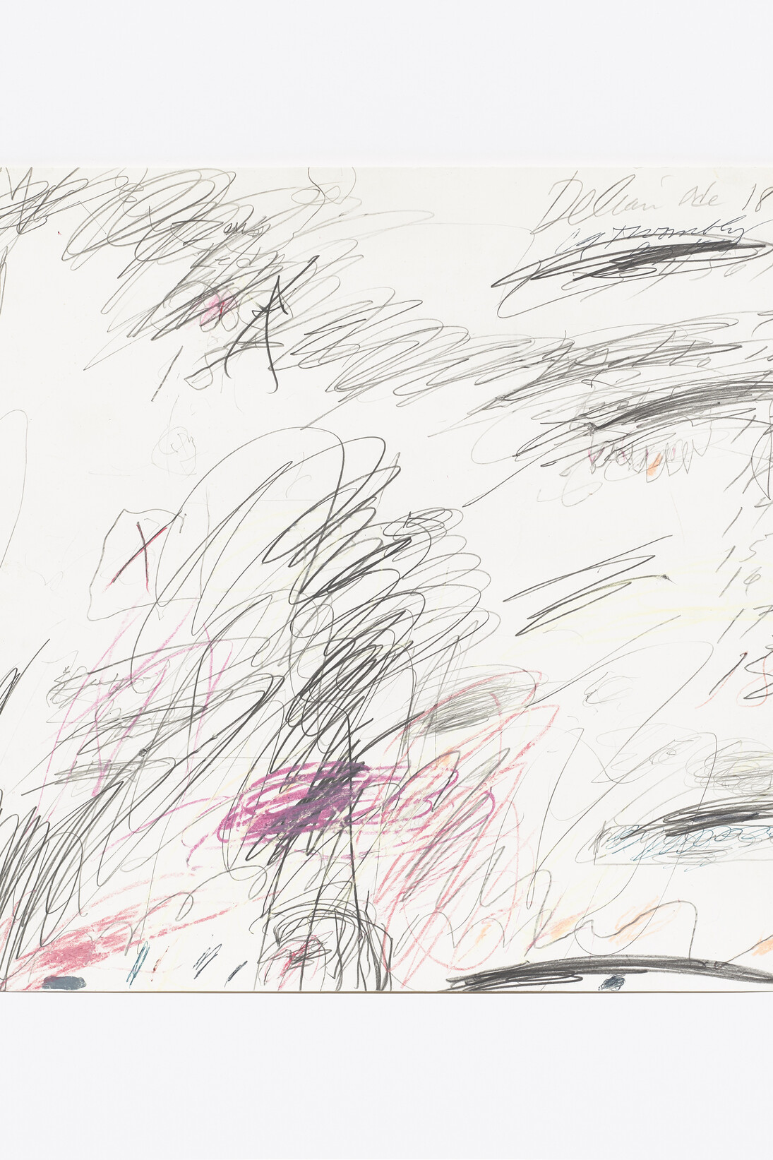 Cy Twombly 1928 - 2011, Delian Ode 18, 1961
Signed Cy Twombly (upper right, in ballpoint pen); inscribed Delian Ode 18 (upper right, in pencil) Pencil, wax crayon, coloured pencil and ballpoint pen on paper. 33.5 x 35 cm, 13 1/4 x 13 3/4 in. Courtesy Levy Gorvy and Mazzoleni