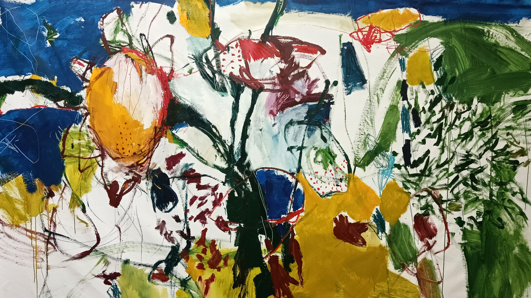 Luis Olaso, Composition for a bouquet of fowers, 2023, oil, acrylic, oil bar and oil pastel on canvas, 200x290 cm. Courtesy the artist and JD Malat Gallery