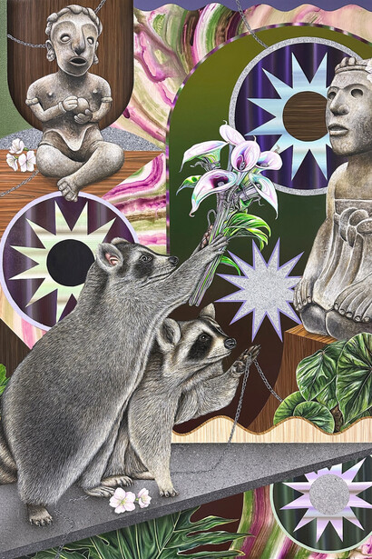 Christian Ruiz Berman, God giving god to god (mapaches), 2023. Acrylic on panel, 78.74h x 106.68w cm, 31h x 42w in. Courtesy of Nicodim Gallery