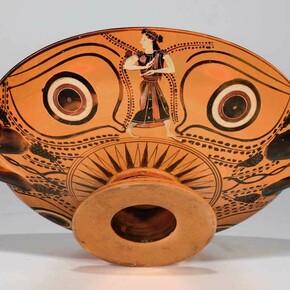 Attributed to the Group of Walters 48.42 (Attic, Greek), Attic Black-Figure Eye Cup, c. 510 B.C.E., Terracotta, 4 1/8 x 14 1/2 x 11 1/2 inches. Collection of Middlebury College Museum of Art. Purchase with funds provided by the Christian A. Johnson Memorial Art Acquisition Fund and the Memorial Art Fund, 2012.001