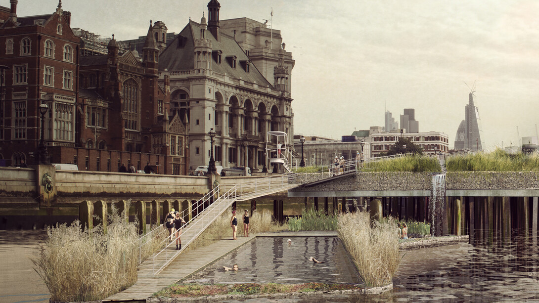 Thames Baths Project, Visual of Thames Baths in detail at Blackfriars Bridge North Foreshore, visualiser 'Picture Plane'