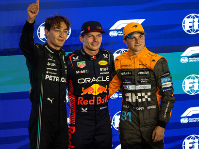 2023, Day 2, F1, Friday Oct 6, George Russell (GB#63) Mercedes, Lusail International Circuit, Max Verstappen (NEL#33) Red Bull, Oscar Piastri (AUS#81) McLaren, Qatar Grand Prix, photo by Kym Illman